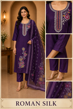 Purple ROMAN SILK Embroidered 3-Piece Ethnic Suit Set