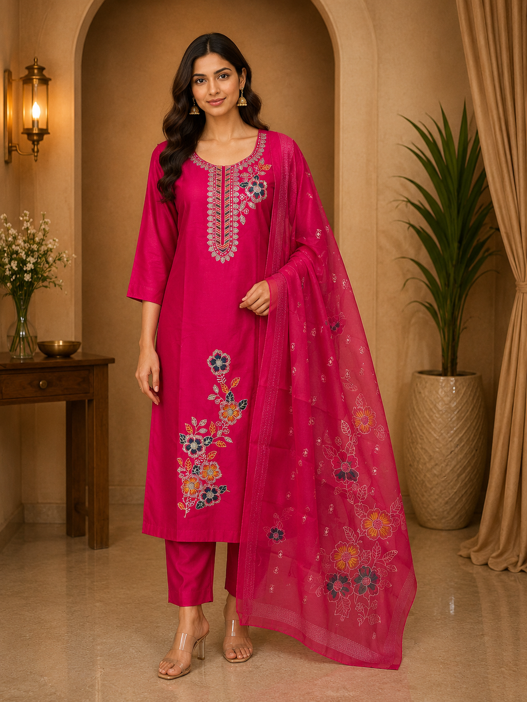Fuchsia Pink ROMAN SILK Embroidered 3-Piece Ethnic Suit Set