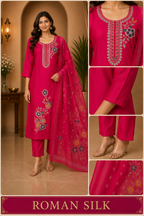 Fuchsia Pink ROMAN SILK Embroidered 3-Piece Ethnic Suit Set
