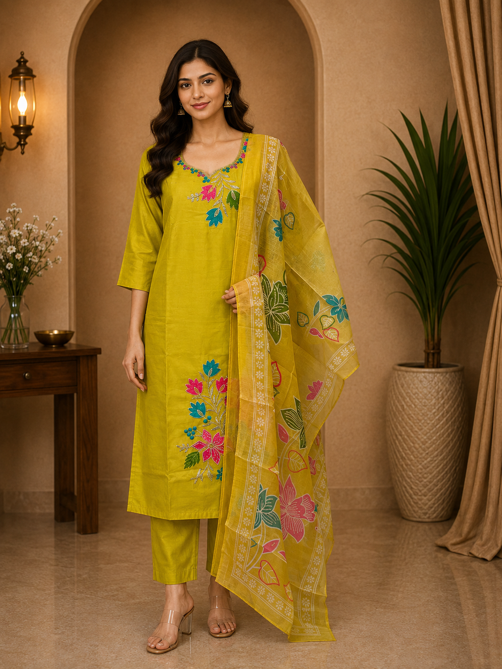 Yellow ROMAN SILK Embroidered 3-Piece Ethnic Suit Set