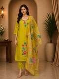 Yellow ROMAN SILK Embroidered 3-Piece Ethnic Suit Set
