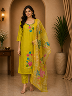 Yellow ROMAN SILK Embroidered 3-Piece Ethnic Suit Set