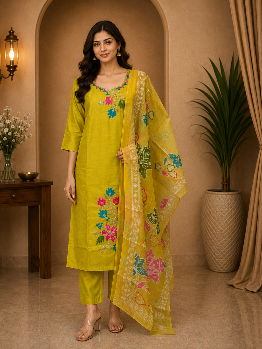 Yellow ROMAN SILK Embroidered 3-Piece Ethnic Suit Set