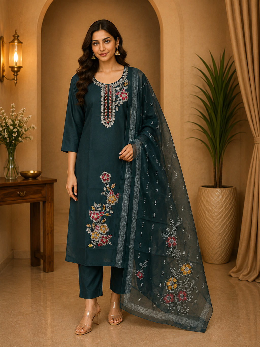 Deep Teal ROMAN SILK Embroidered 3-Piece Ethnic Suit Set
