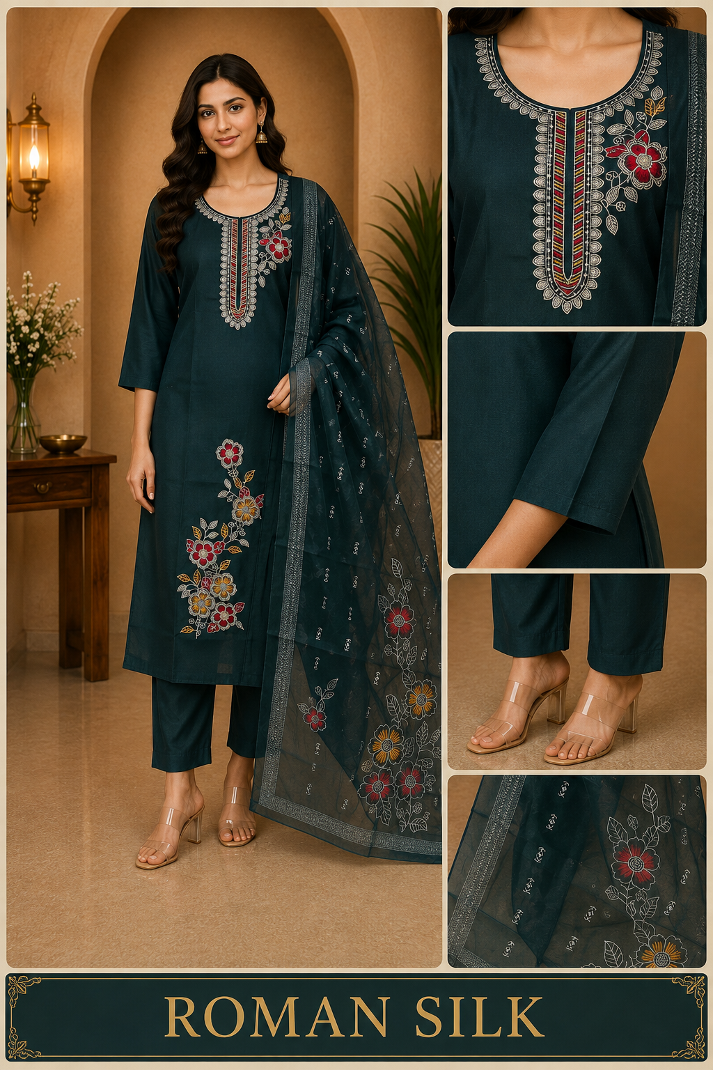 Deep Teal ROMAN SILK Embroidered 3-Piece Ethnic Suit Set
