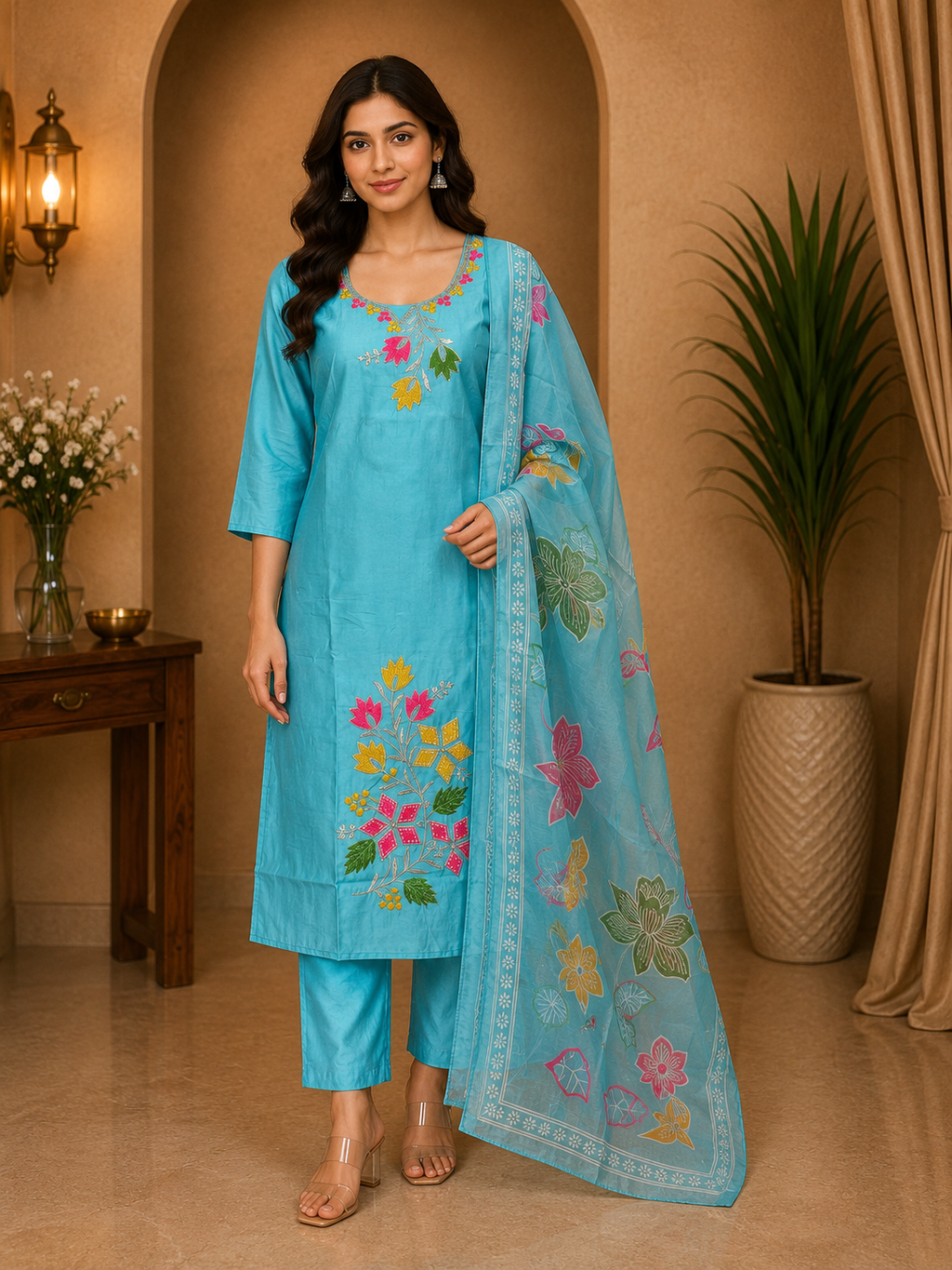 Turquoise ROMAN SILK Embroidered 3-Piece Ethnic Suit Set