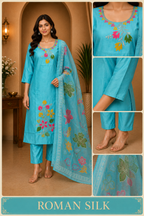Turquoise ROMAN SILK Embroidered 3-Piece Ethnic Suit Set