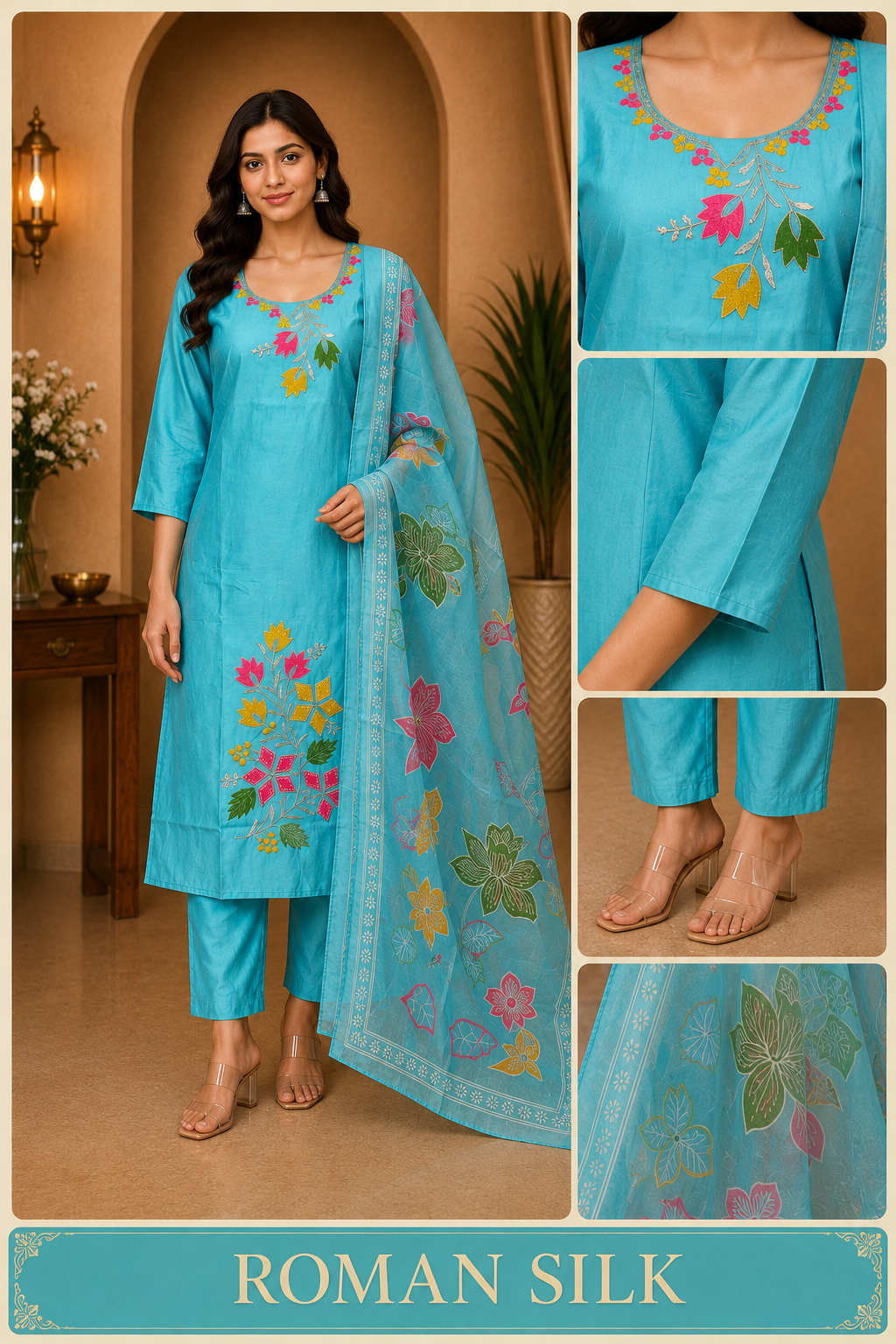 Turquoise ROMAN SILK Embroidered 3-Piece Ethnic Suit Set