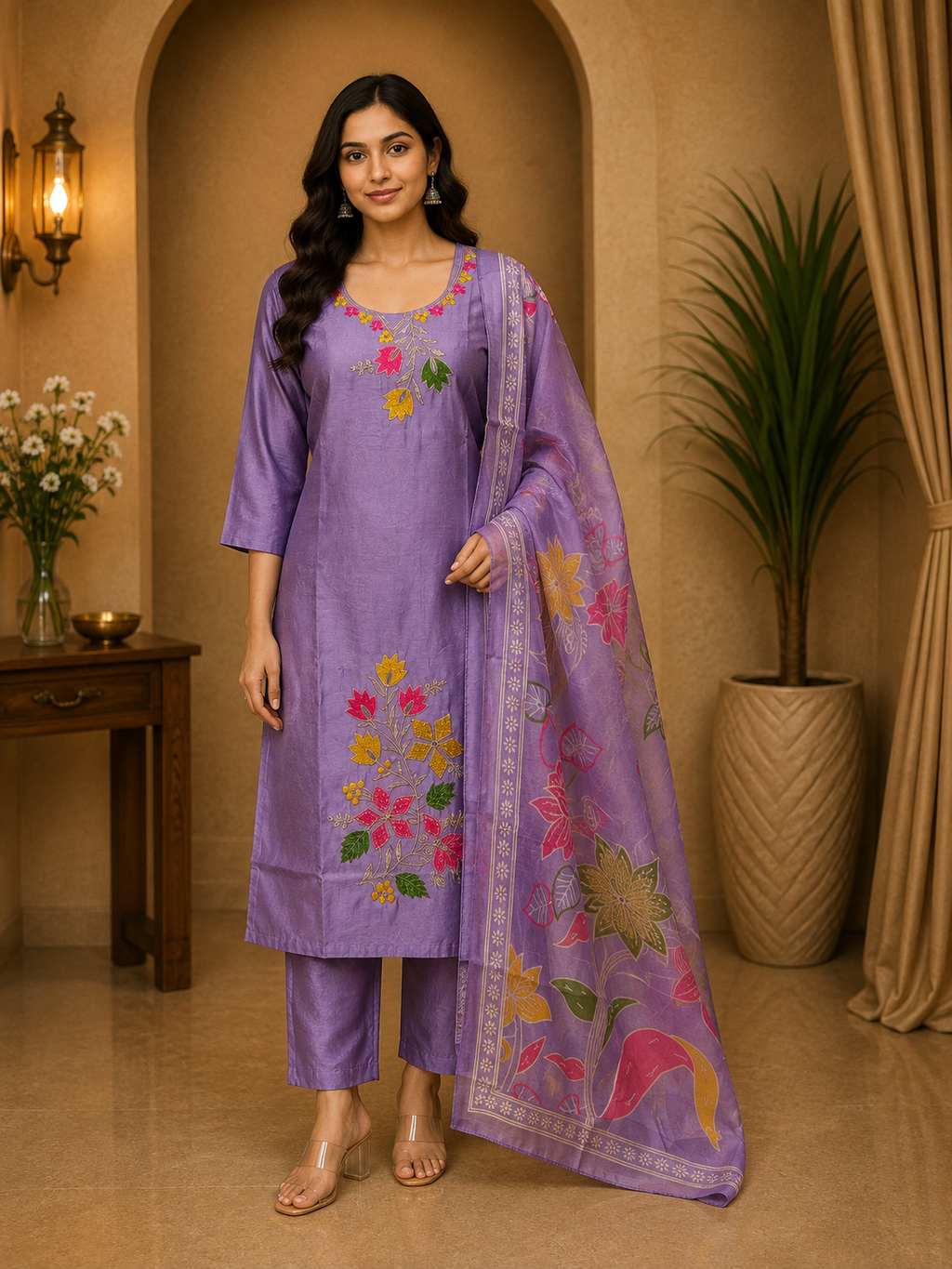 Lavender ROMAN SILK Floral Embroidered 3-Piece Ethnic Suit