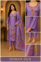 Lavender ROMAN SILK Floral Embroidered 3-Piece Ethnic Suit