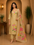 Beige ROMAN SILK Floral Embroidered 3-Piece Ethnic Suit