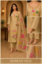 Beige ROMAN SILK Floral Embroidered 3-Piece Ethnic Suit