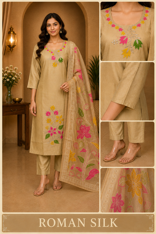 Beige ROMAN SILK Floral Embroidered 3-Piece Ethnic Suit