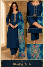 Deep Navy Blue ROMAN SILK Embroidered 3-Piece Suit Set