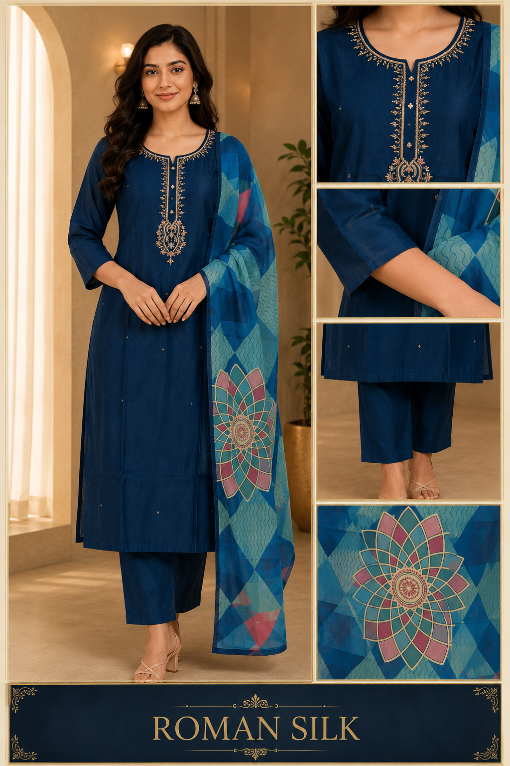 Deep Navy Blue ROMAN SILK Embroidered 3-Piece Suit Set