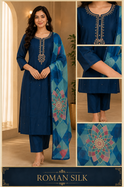Deep Navy Blue ROMAN SILK Embroidered 3-Piece Suit Set