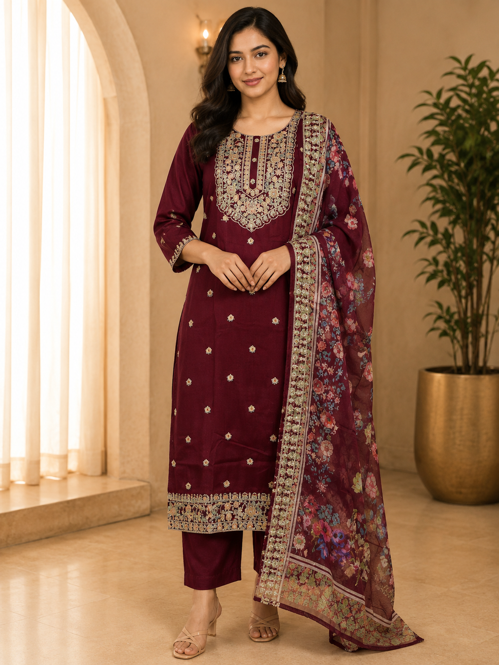 Maroon ROMAN SILK Embroidered 3-Piece Ethnic Suit Set