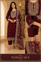Maroon ROMAN SILK Embroidered 3-Piece Ethnic Suit Set