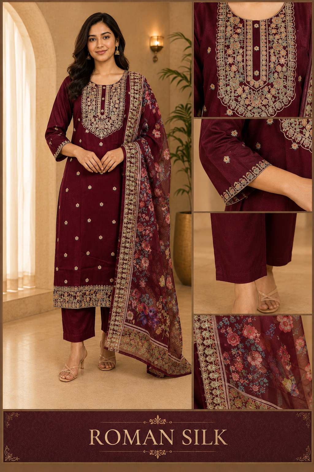 Maroon ROMAN SILK Embroidered 3-Piece Ethnic Suit Set