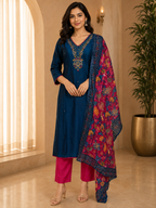Teal Blue ROMAN SILK Embroidered 3-Piece Ethnic Suit Set