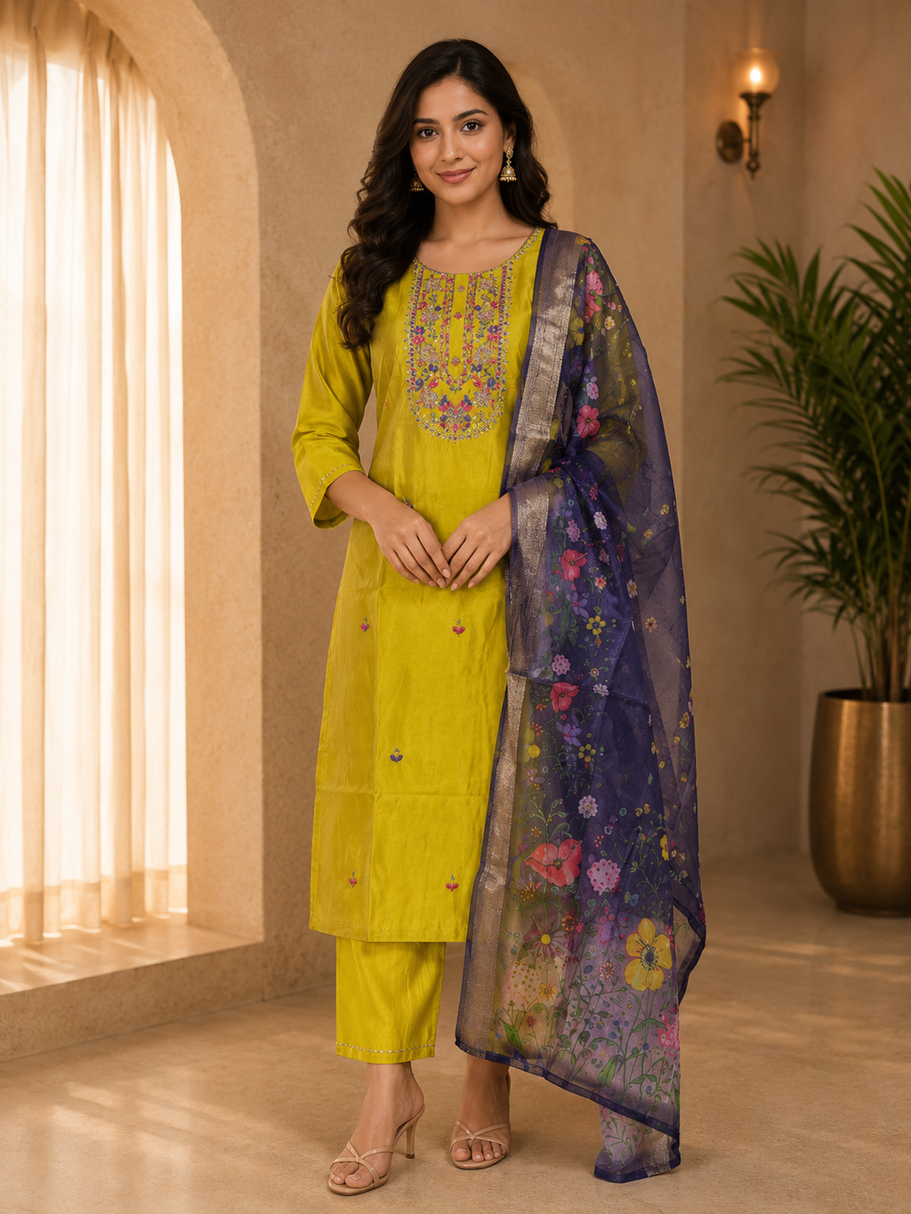 Bright Yellow ROMAN SILK Embroidered 3-Piece Ethnic Suit Set