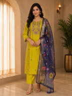 Bright Yellow ROMAN SILK Embroidered 3-Piece Ethnic Suit Set