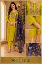 Bright Yellow ROMAN SILK Embroidered 3-Piece Ethnic Suit Set