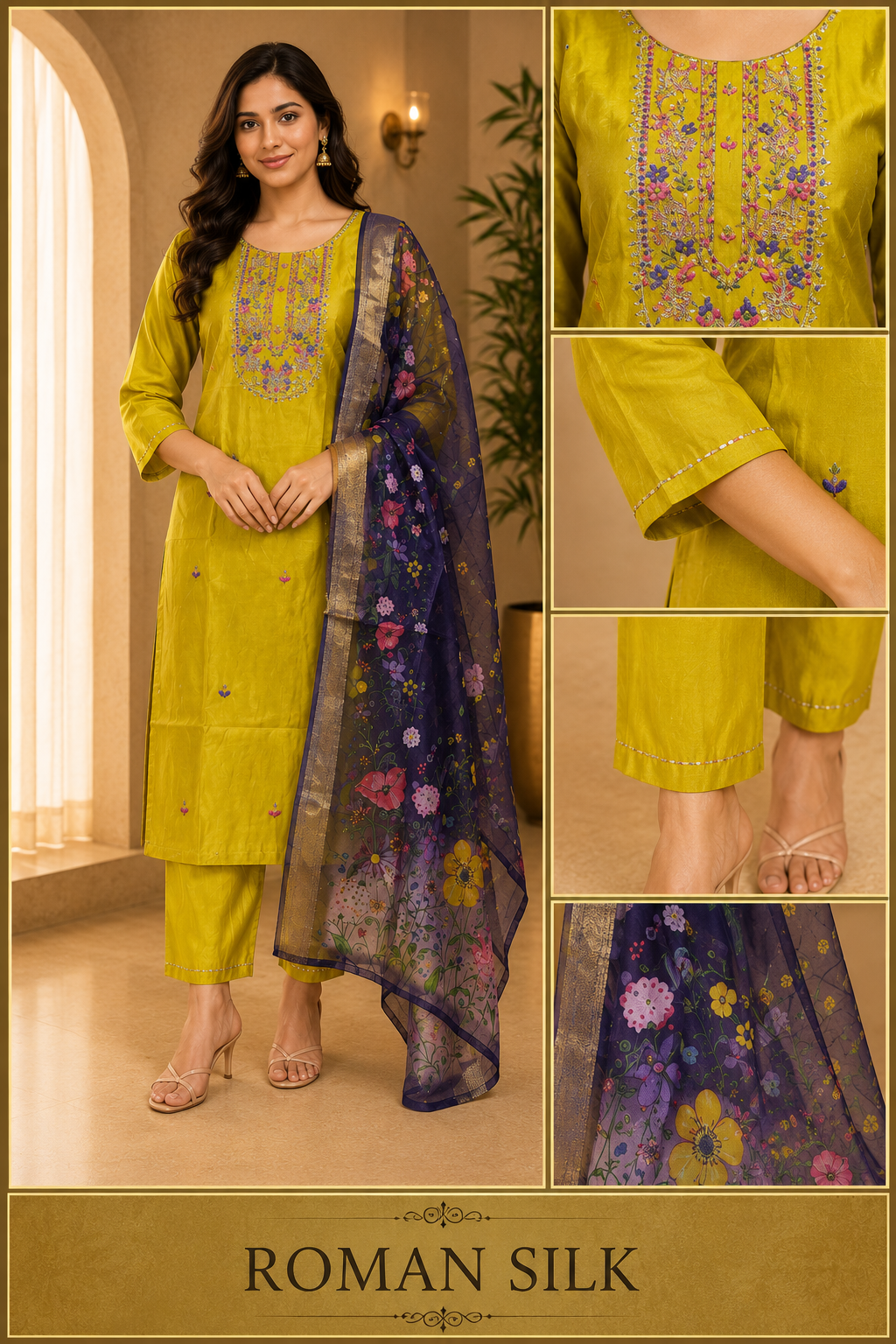 Bright Yellow ROMAN SILK Embroidered 3-Piece Ethnic Suit Set