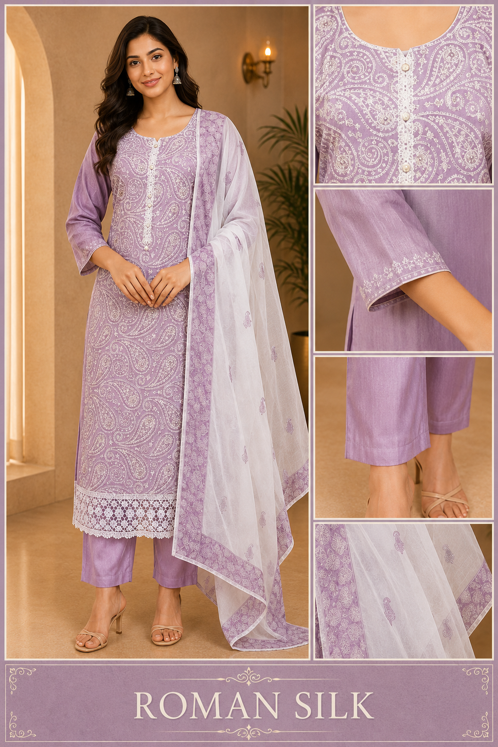 Lavender ROMAN SILK Printed & Embroidered 3-Piece Ethnic Suit Set