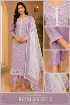 Lavender ROMAN SILK Printed & Embroidered 3-Piece Ethnic Suit Set