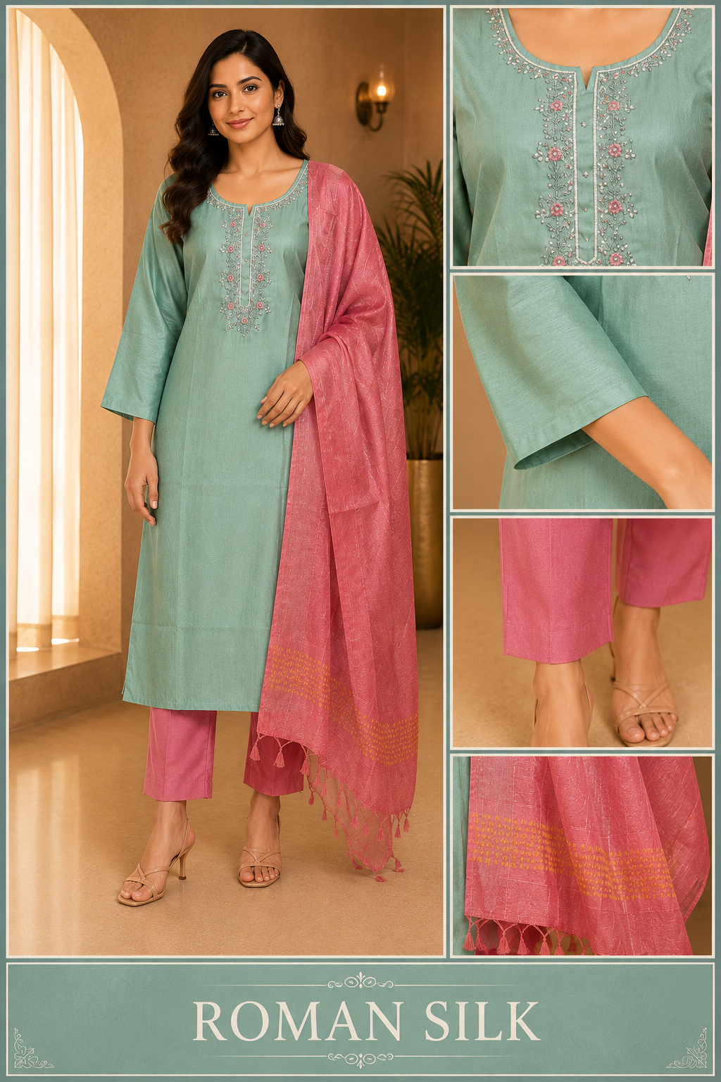Mint Green & Pink ROMAN SILK Embroidered 3-Piece Ethnic Suit Set