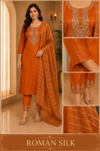Rust Orange ROMAN SILK Embroidered 3-Piece Ethnic Suit Set