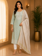 Sage Green ROMAN SILK Embroidered 3-Piece Ethnic Suit Set