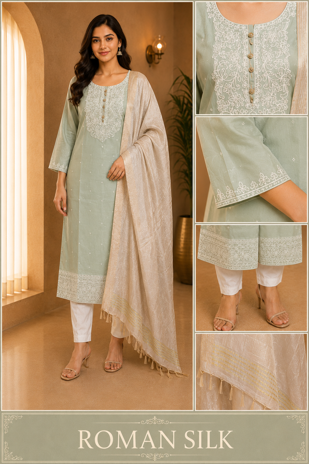 Sage Green ROMAN SILK Embroidered 3-Piece Ethnic Suit Set