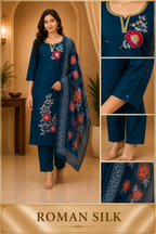 Deep Teal ROMAN SILK Floral Embroidered 3-Piece Suit Set