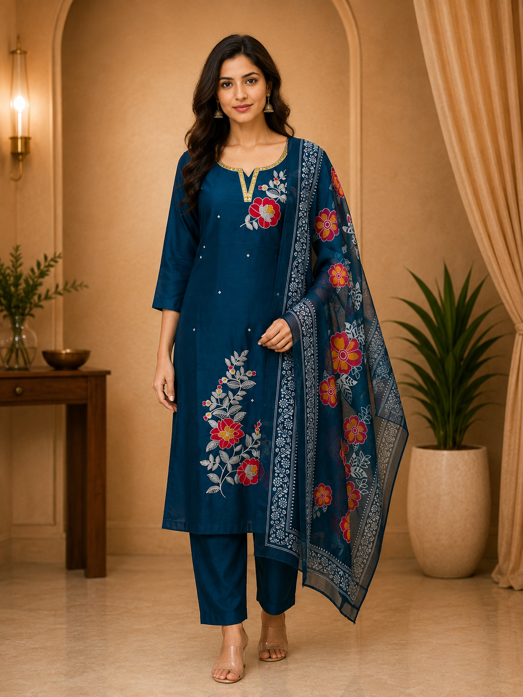 Deep Teal ROMAN SILK Floral Embroidered 3-Piece Suit Set