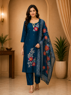 Deep Teal ROMAN SILK Floral Embroidered 3-Piece Suit Set
