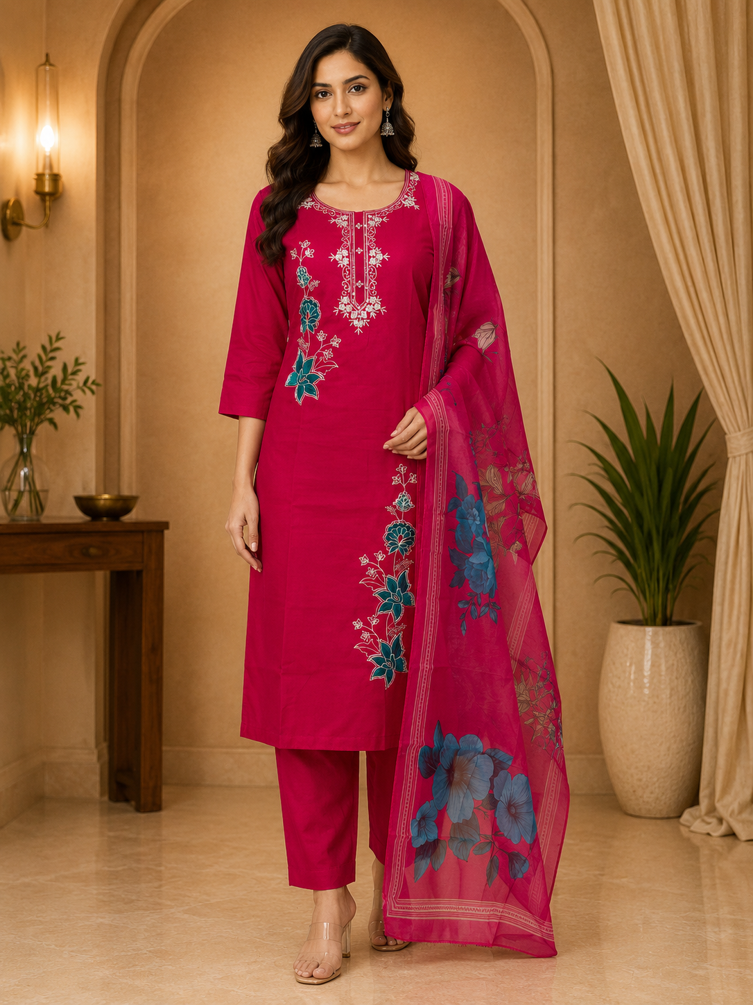 Rani Pink ROMAN SILK Floral Embroidered 3-Piece Suit Set