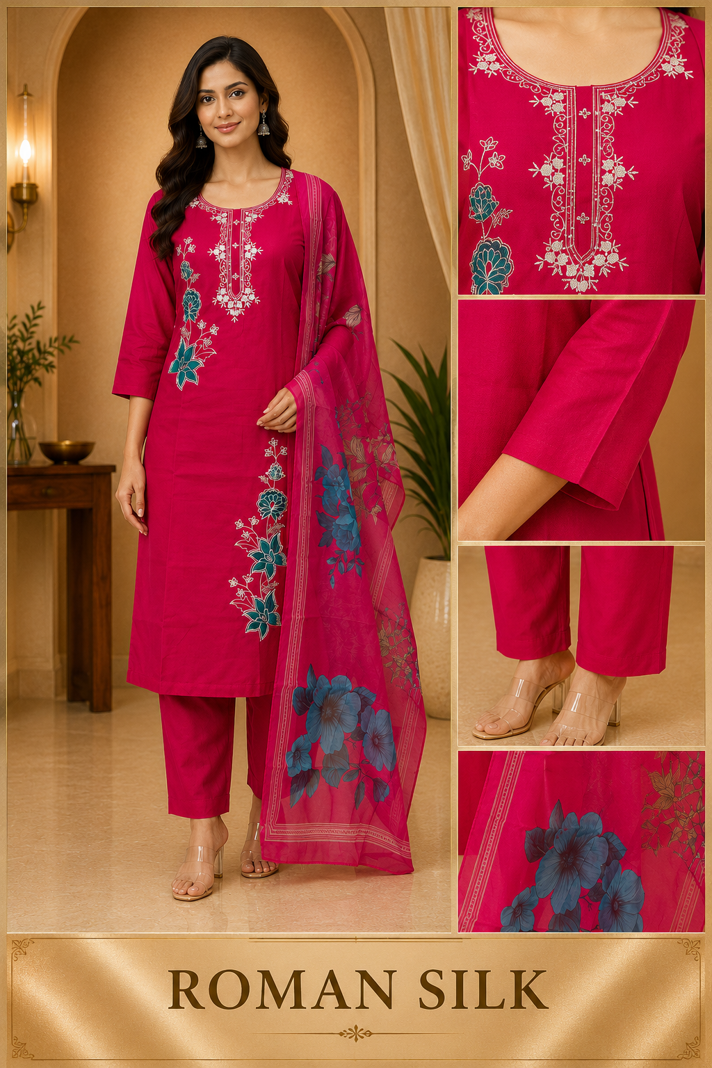 Rani Pink ROMAN SILK Floral Embroidered 3-Piece Suit Set