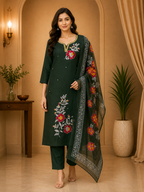 Bottle Green ROMAN SILK Floral Embroidered 3-Piece Suit Set