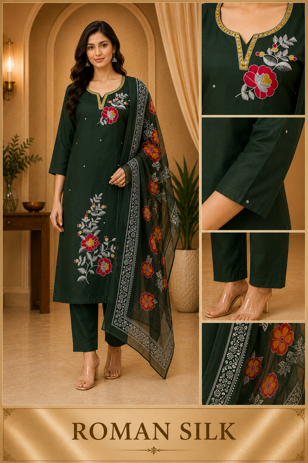 Bottle Green ROMAN SILK Floral Embroidered 3-Piece Suit Set
