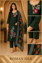 Bottle Green ROMAN SILK Floral Embroidered 3-Piece Suit Set