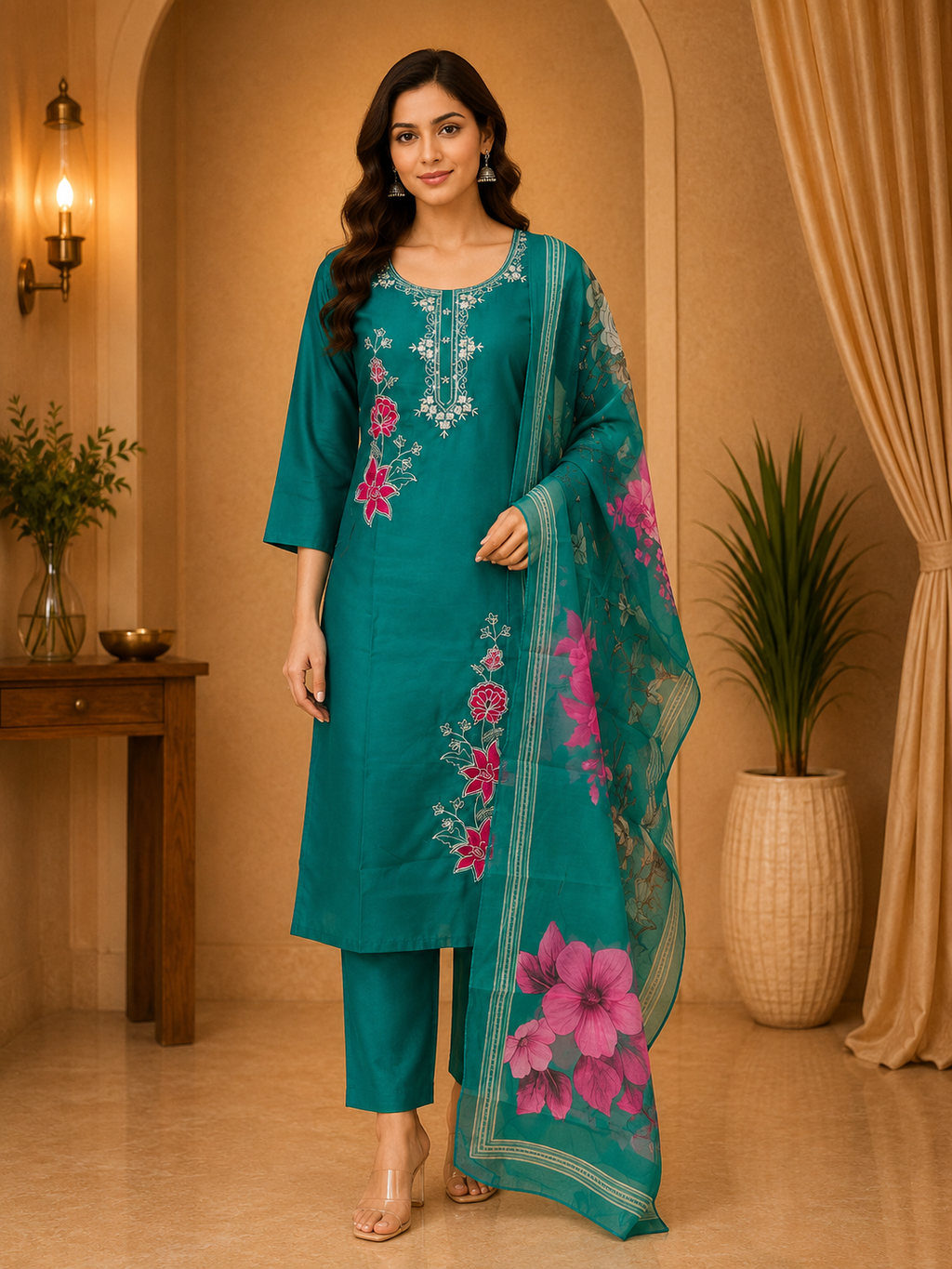Teal Green ROMAN SILK Floral Embroidered 3-Piece Suit Set