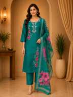 Teal Green ROMAN SILK Floral Embroidered 3-Piece Suit Set