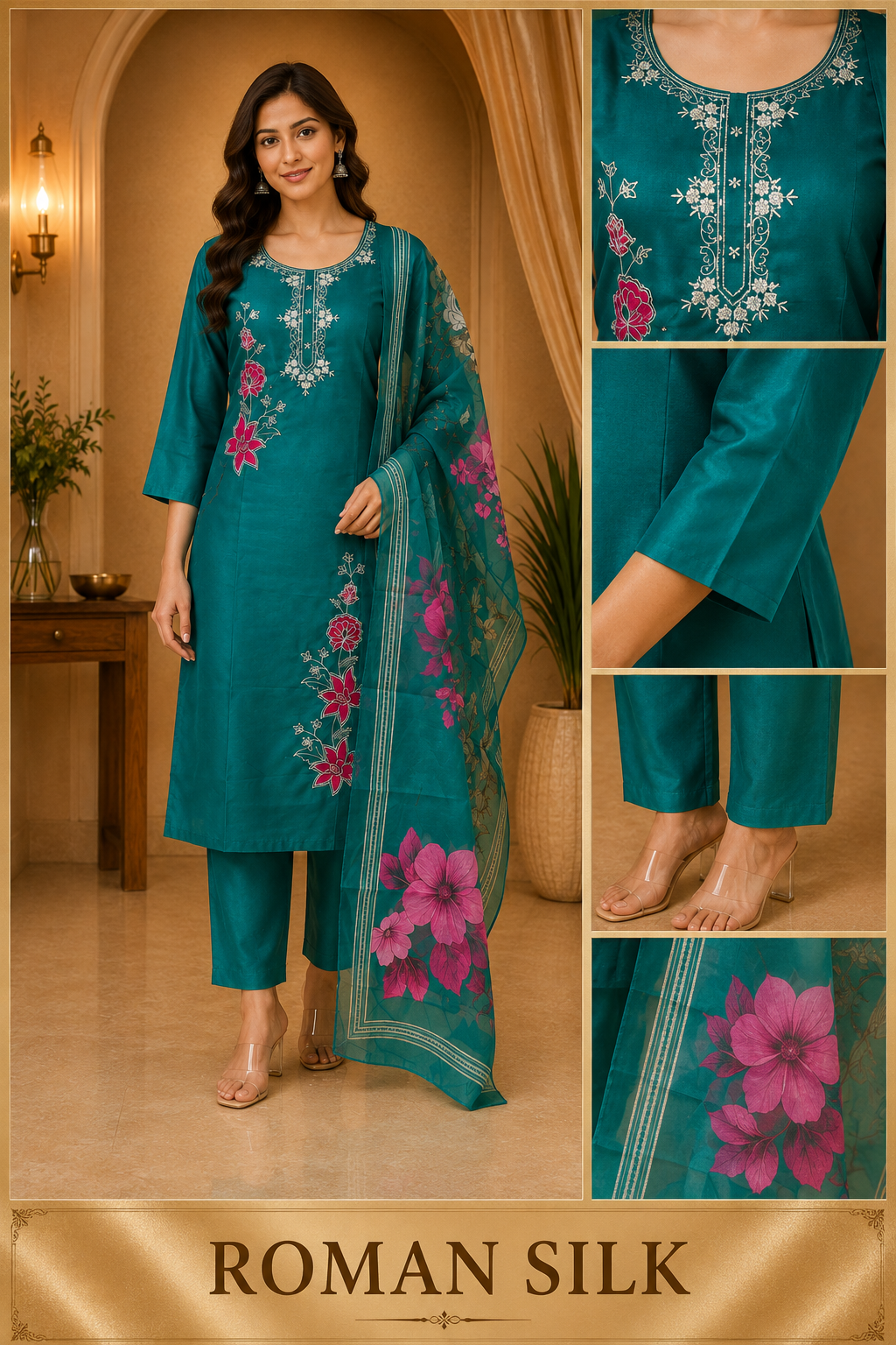 Teal Green ROMAN SILK Floral Embroidered 3-Piece Suit Set