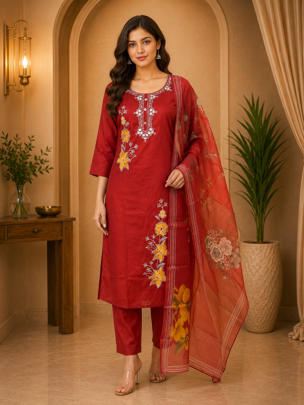 Red ROMAN SILK Embroidered 3-Piece Ethnic Suit Set