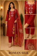 Red ROMAN SILK Embroidered 3-Piece Ethnic Suit Set