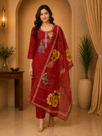 Red ROMAN SILK Floral Embroidered 3-Piece Ethnic Suit Set