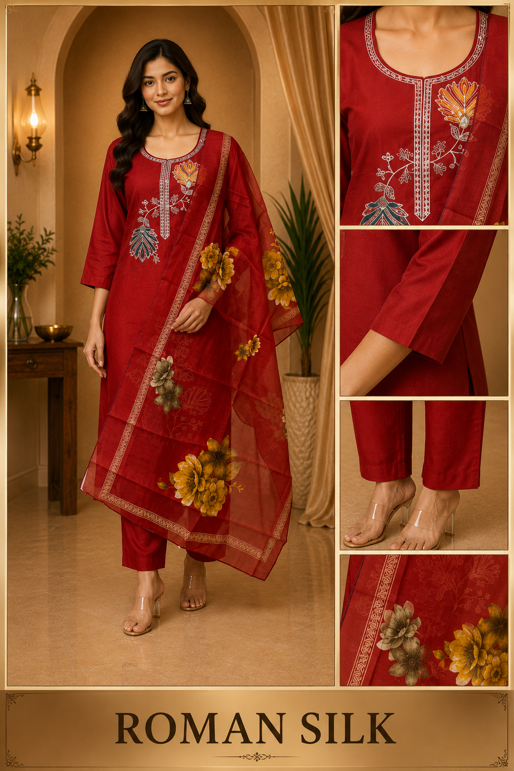 Red ROMAN SILK Floral Embroidered 3-Piece Ethnic Suit Set