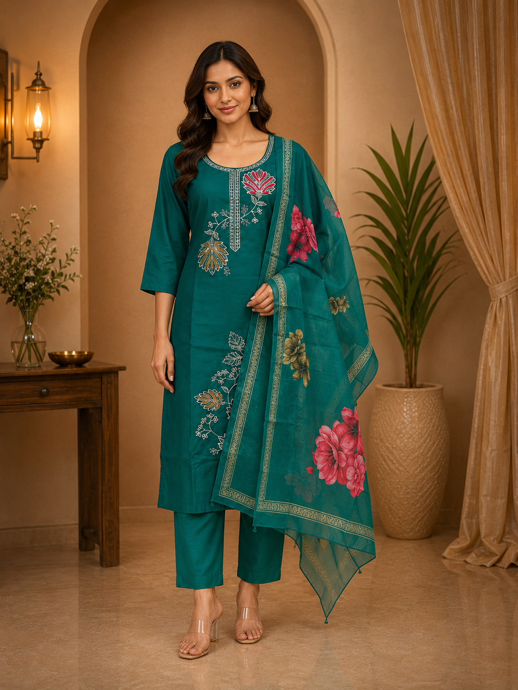 Teal ROMAN SILK Embroidered 3-Piece Ethnic Suit Set